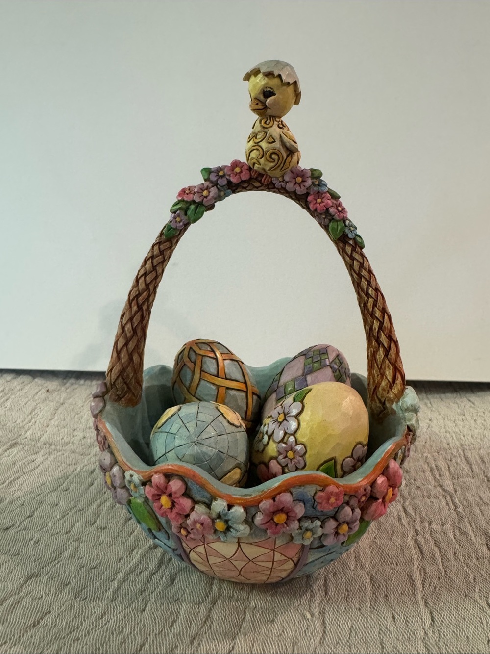 2007 Jim Shore Heartwood Creek Easter Basket with Chick & 4 Decorative Eggs